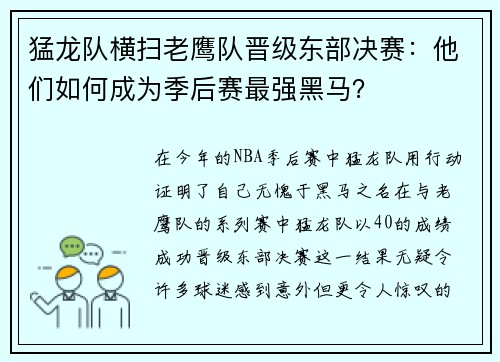 猛龙队横扫老鹰队晋级东部决赛：他们如何成为季后赛最强黑马？